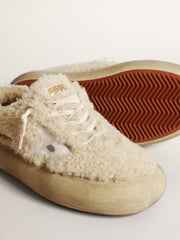Golden Goose Women’s Space-Star shoes in beige shearling with white leather star and metallic leather heel tab