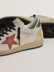 Golden Goose Ball Star in beige suede with red leather star and metallic bronze foiled leather heel tab