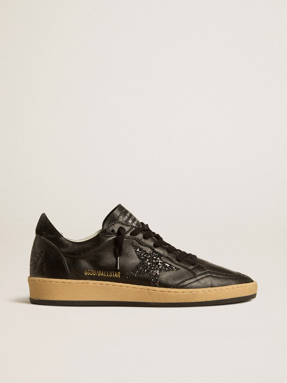 Golden Goose Women’s Ball Star in black nappa with black glitter star and suede heel tab