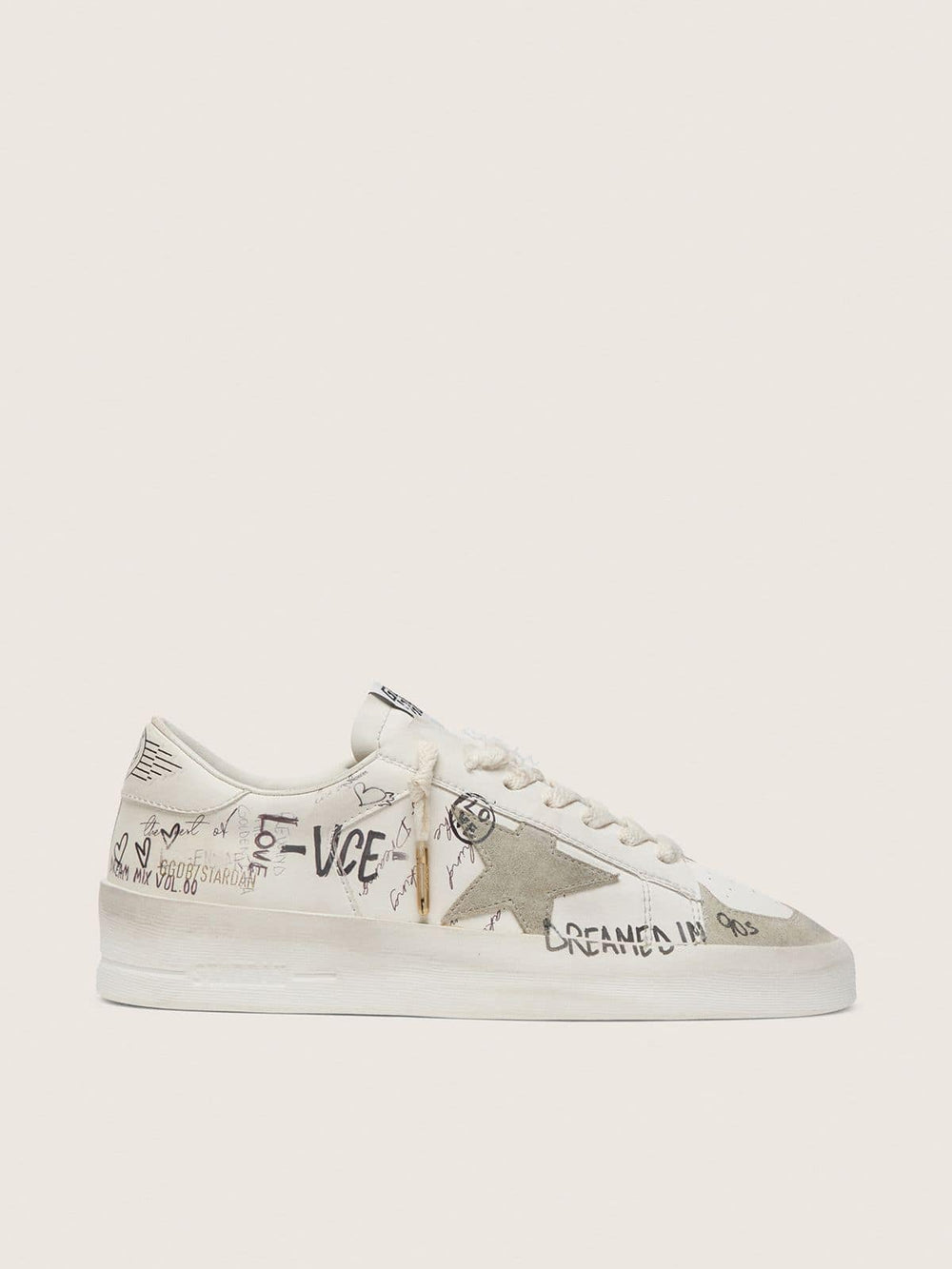 Golden Goose Stardan with beige suede star and toe and all-over lettering and patterns