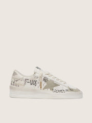 Golden Goose Stardan with beige suede star and toe and all-over lettering and patterns