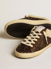Golden Goose Super-Star Sabots in glitter with brown star and shearling lining