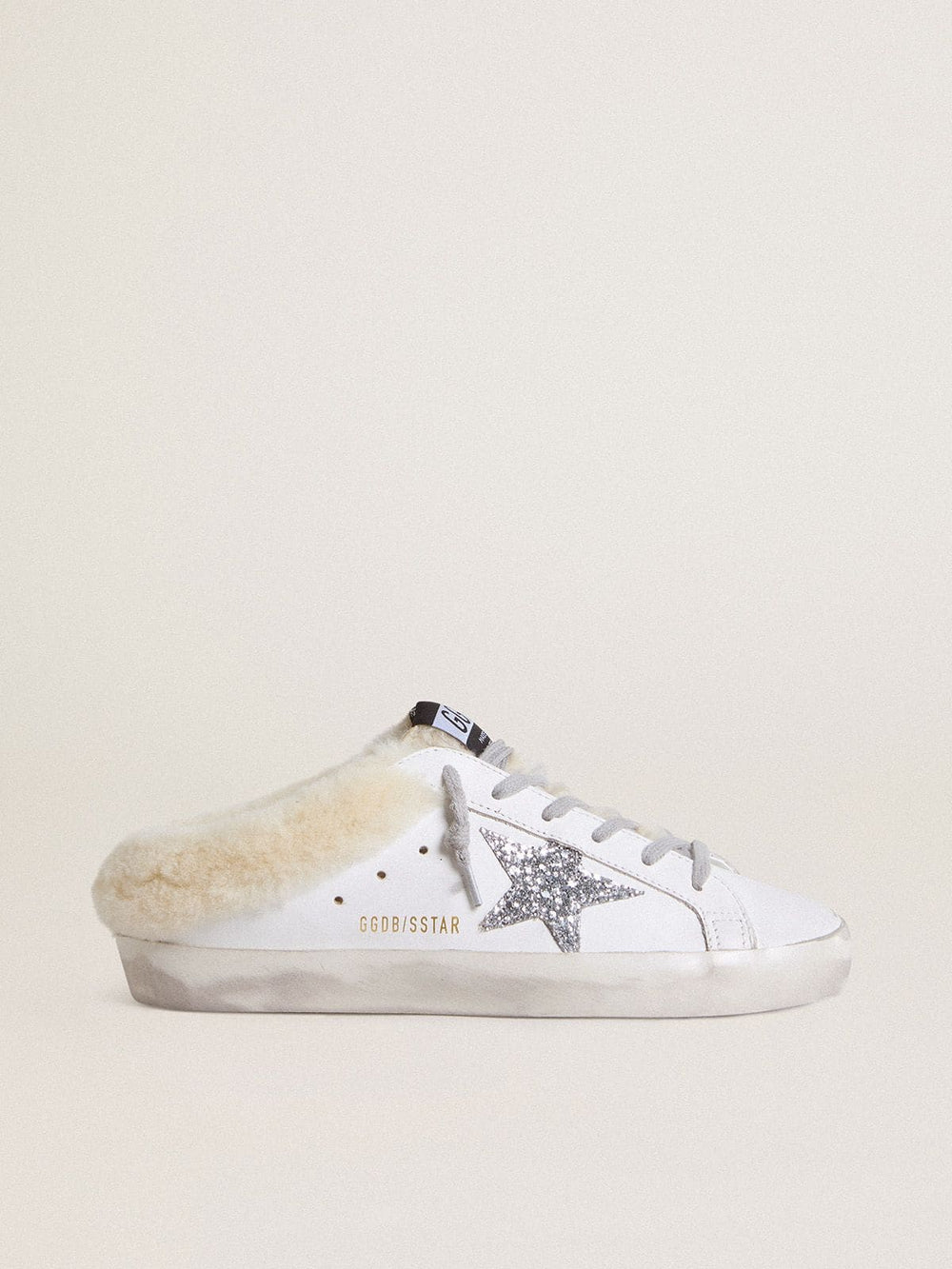 Golden Goose Super-Star Sabots in white leather with shearling lining and silver star