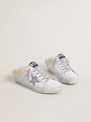 Golden Goose Super-Star Sabots in white leather with shearling lining and silver star