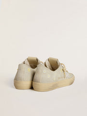 Golden Goose Women’s V-Star in ice-gray suede with white leather star and floral embroidery
