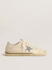 Golden Goose V-Star in beige canvas with a silver glitter star