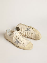 Golden Goose V-Star in beige canvas with a silver glitter star