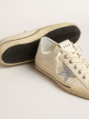 Golden Goose V-Star in beige canvas with a silver glitter star