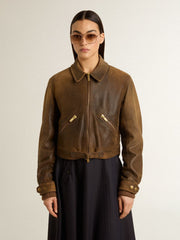 Golden Goose Women’s cropped brown leather biker jacket with zip