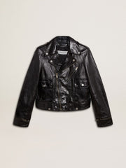 Golden Goose Women’s black leather biker jacket with glossy effect