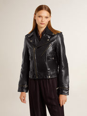 Golden Goose Women’s black leather biker jacket with glossy effect