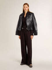 Golden Goose Women’s black leather biker jacket with glossy effect