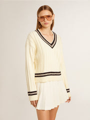 Golden Goose Women's cable-pattern cropped sweater with blue ribbing and crystals