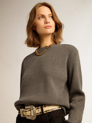 Golden Goose Women's round-neck sweater in dark gray cotton with logo on the back