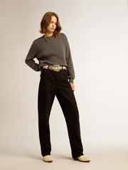 Golden Goose Women's round-neck sweater in dark gray cotton with logo on the back