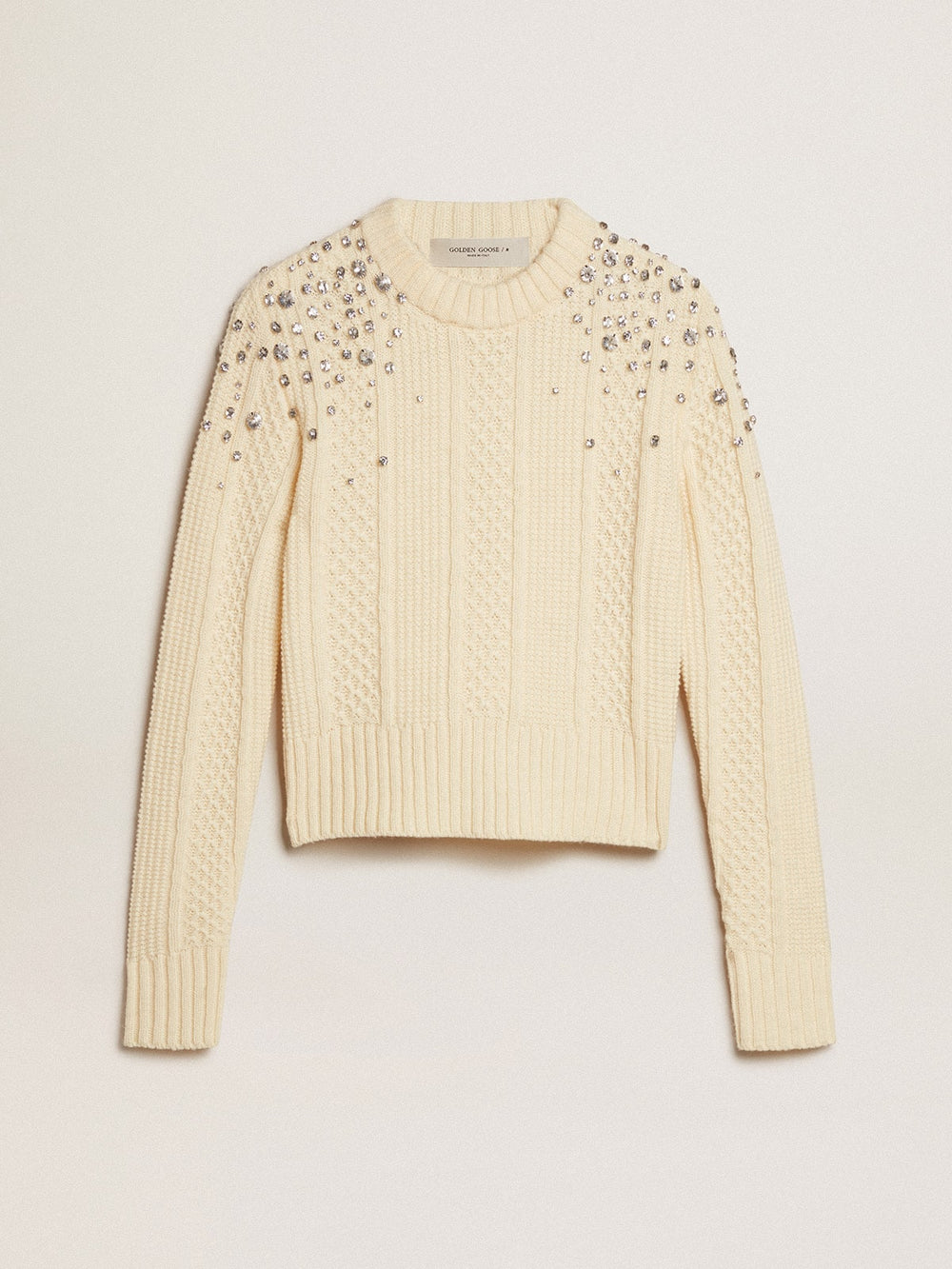 Golden Goose Women's cropped worn-white sweater with decorative crystals