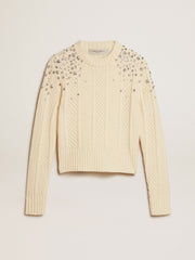 Golden Goose Women's cropped worn-white sweater with decorative crystals