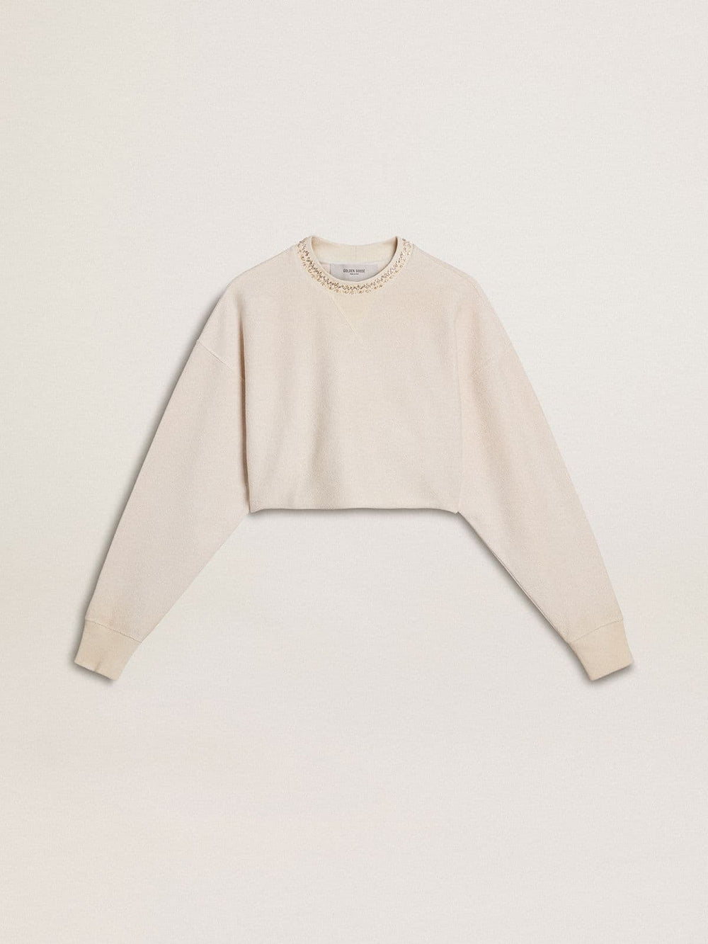 Golden Goose Women's cream cotton cropped sweatshirt with crystals on the front