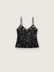 Golden Goose Women's top in black tulle with floral pattern in black sequins