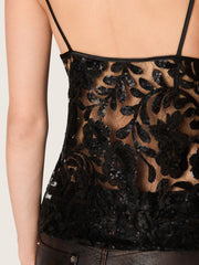 Golden Goose Women's top in black tulle with floral pattern in black sequins