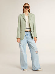 Golden Goose Women's cropped worn-white cotton polo shirt with blue ribbing