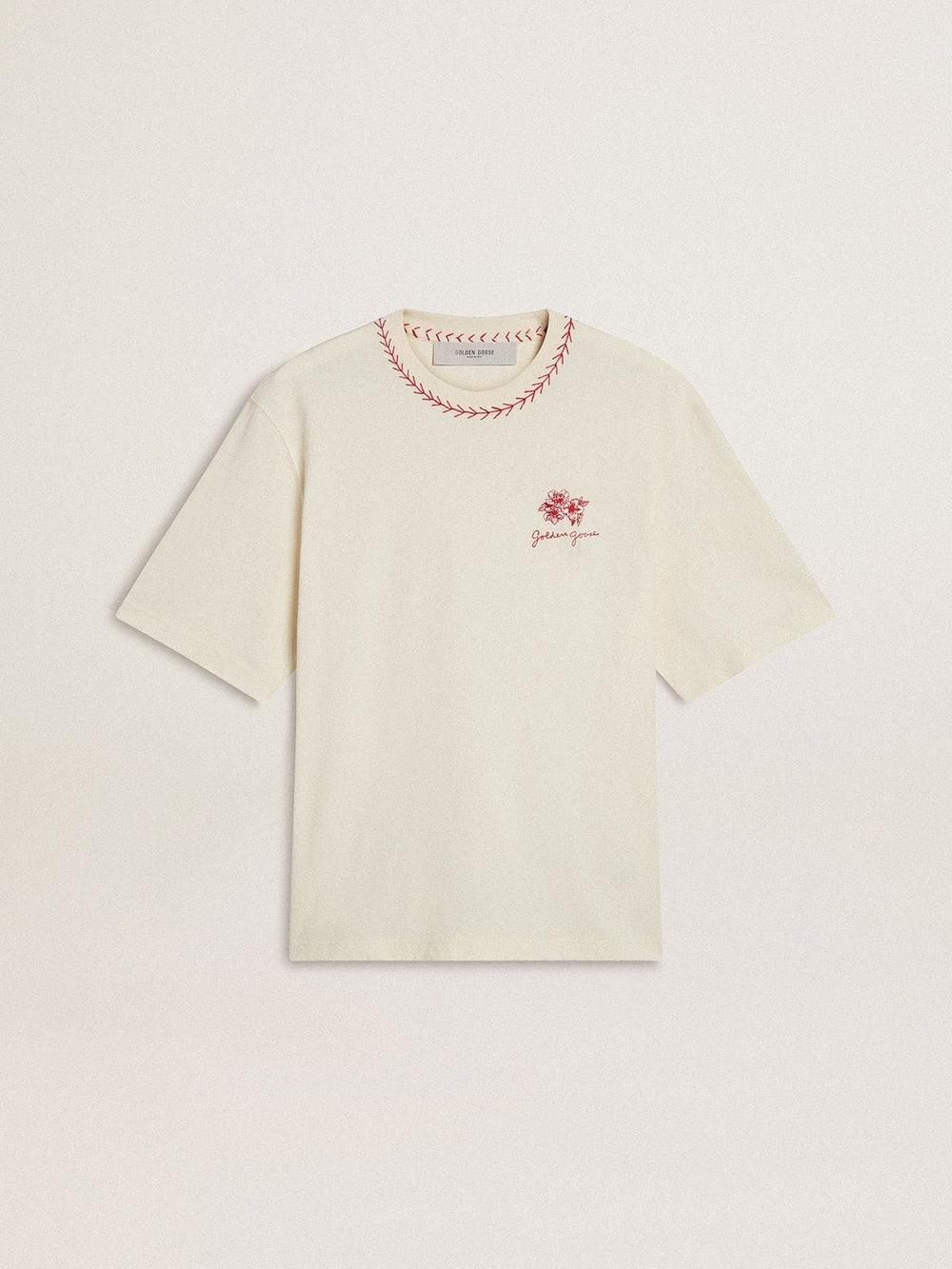 Golden Goose CNY worn-white sleeveless T-shirt with red embroidery