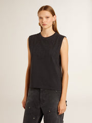 Golden Goose Sleeveless T-shirt in worn-black with tone-on-tone gradient embroidery