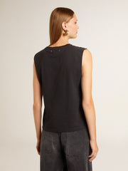 Golden Goose Sleeveless T-shirt in worn-black with tone-on-tone gradient embroidery