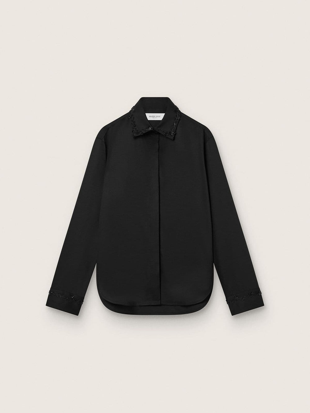 Golden Goose Women's shirt in black wool twill with floral embroidery in glass beads