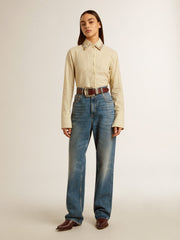 Golden Goose Ecru shirt with stripes and embroidered crystals