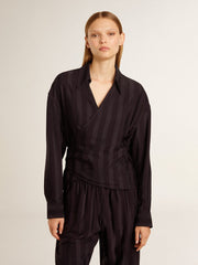 Golden Goose Women's black shirt with vertical stripes and side knot closure