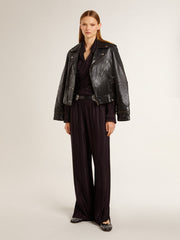 Golden Goose Women's black shirt with vertical stripes and side knot closure