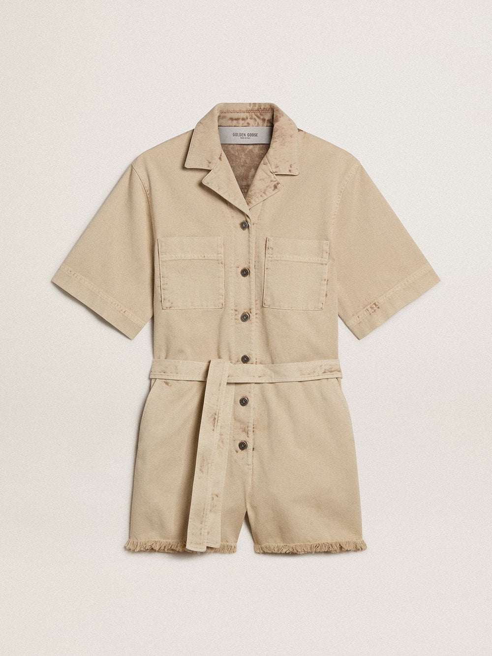 Golden Goose Women's romper in beige denim with belt and frayed hem