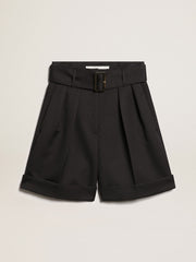 Golden Goose Women's shorts in black wool gabardine with waist belt