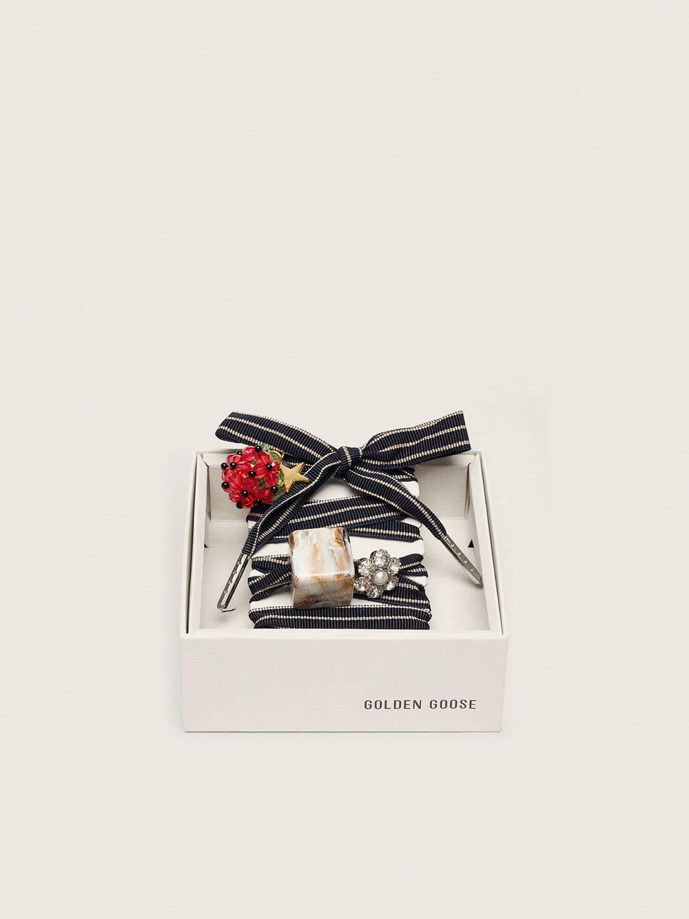 Golden Goose Skins blue and beige striped laces with raspberry, stone and crystal charms