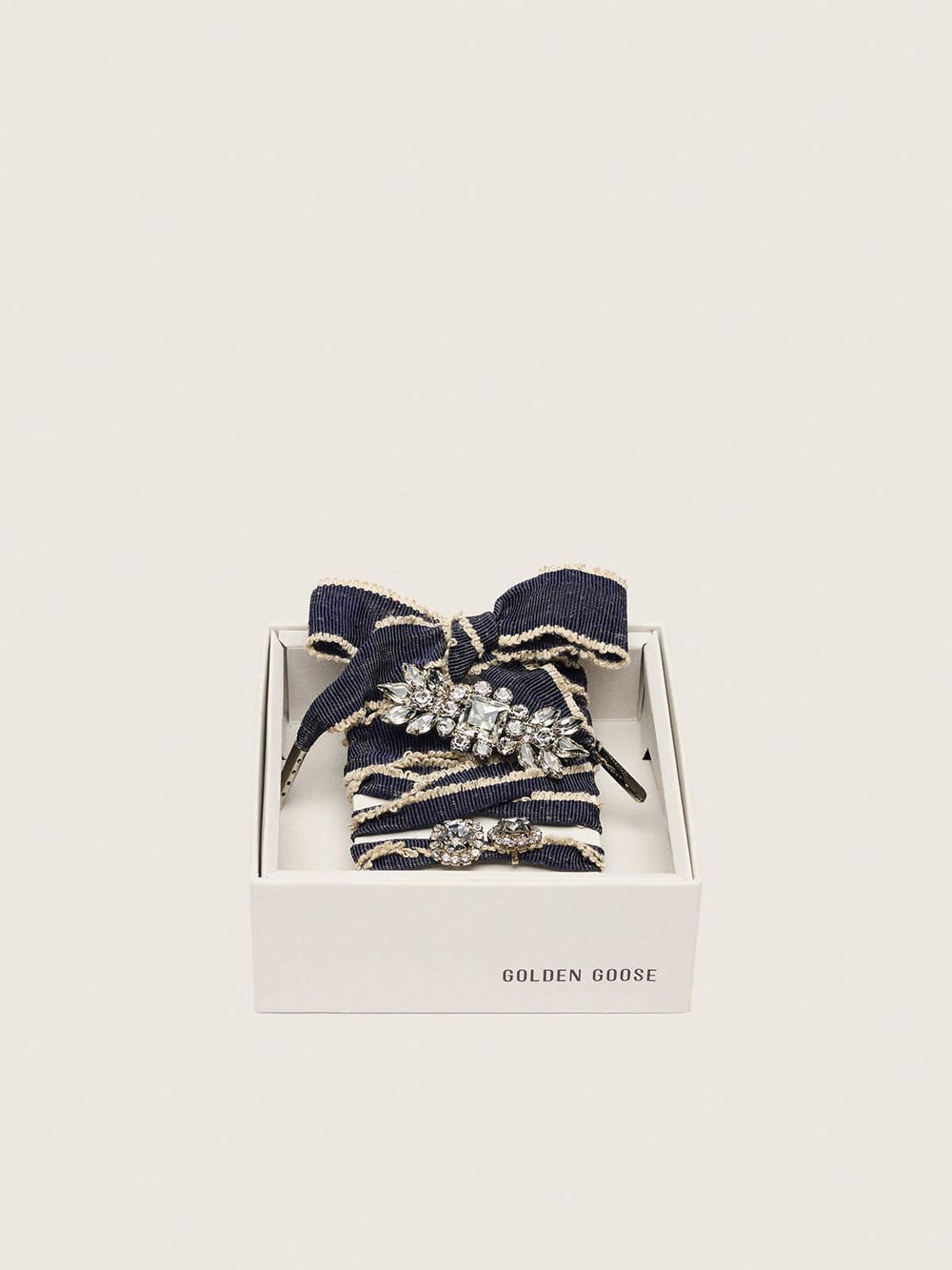 Golden Goose Skins denim blue laces embellished with beige trim and two charms