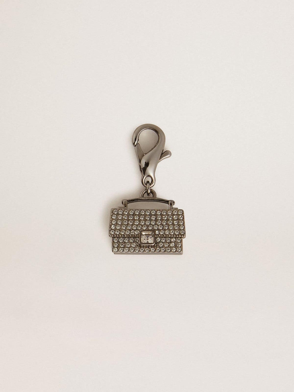 Golden Goose Purse-shaped charm in silver-colored brass with crystals