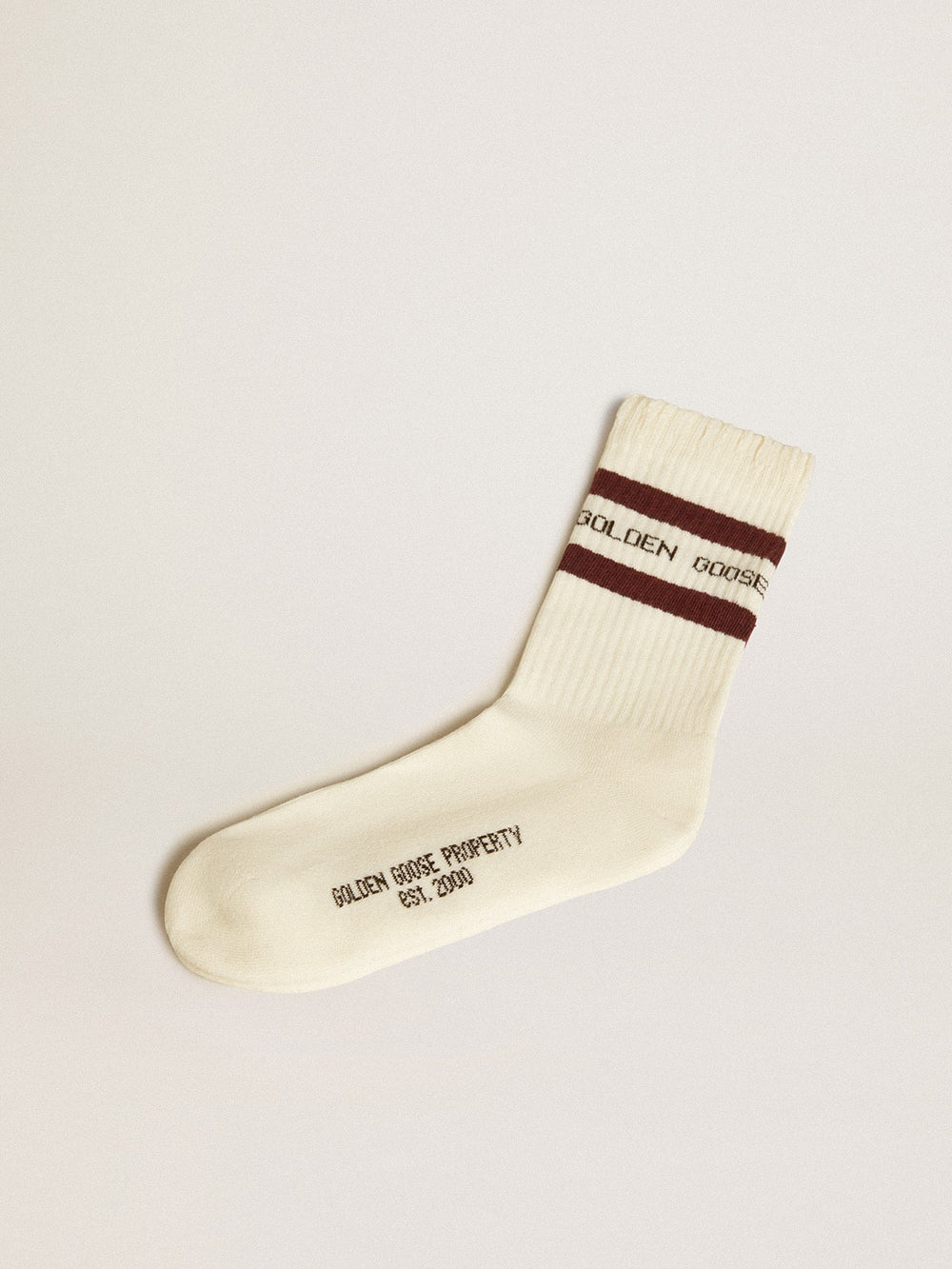 Golden Goose Worn-white socks with distressed details and brown stripes