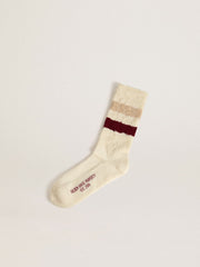 Golden Goose Worn-white socks with distressed details and beige and burgundy stripes