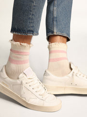 Golden Goose Distressed-finish white socks with baby-pink logo and stripes
