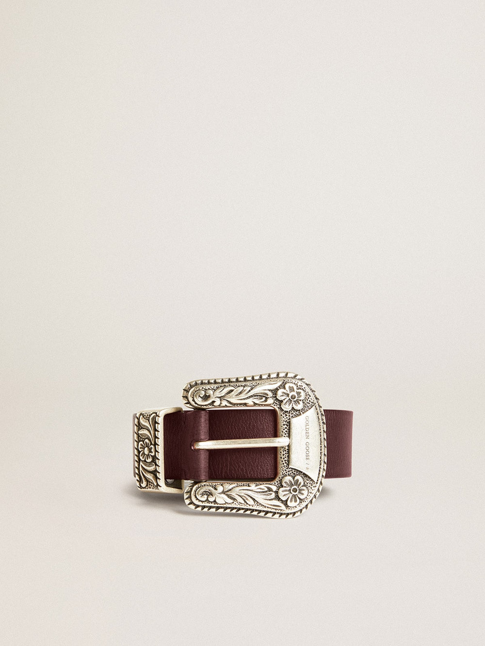 Golden Goose Women’s belt in burgundy leather with decorated silver buckle
