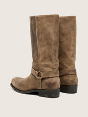 Golden Goose Women's high Biker boots in dark beige waxed suede with strap and a silver-colored buckle