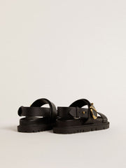 Golden Goose Women's Lucy sandal in glossy black leather with gold metal buckle