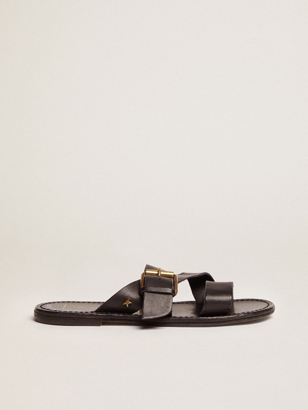 Golden Goose Black leather flat sandals with buckle Margaret | Golden Goose