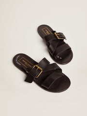 Golden Goose Black leather flat sandals with buckle Margaret | Golden Goose