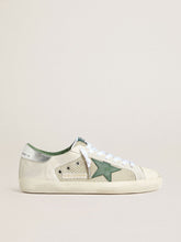 Golden Goose Men’s Super-Star LTD in white suede and mesh with green leather star and silver heel tab