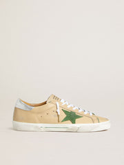 Golden Goose Super-Star LTD in beige leather with green suede star and silver foiled leather heel tab