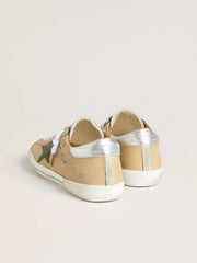 Golden Goose Super-Star LTD in beige leather with green suede star and silver foiled leather heel tab