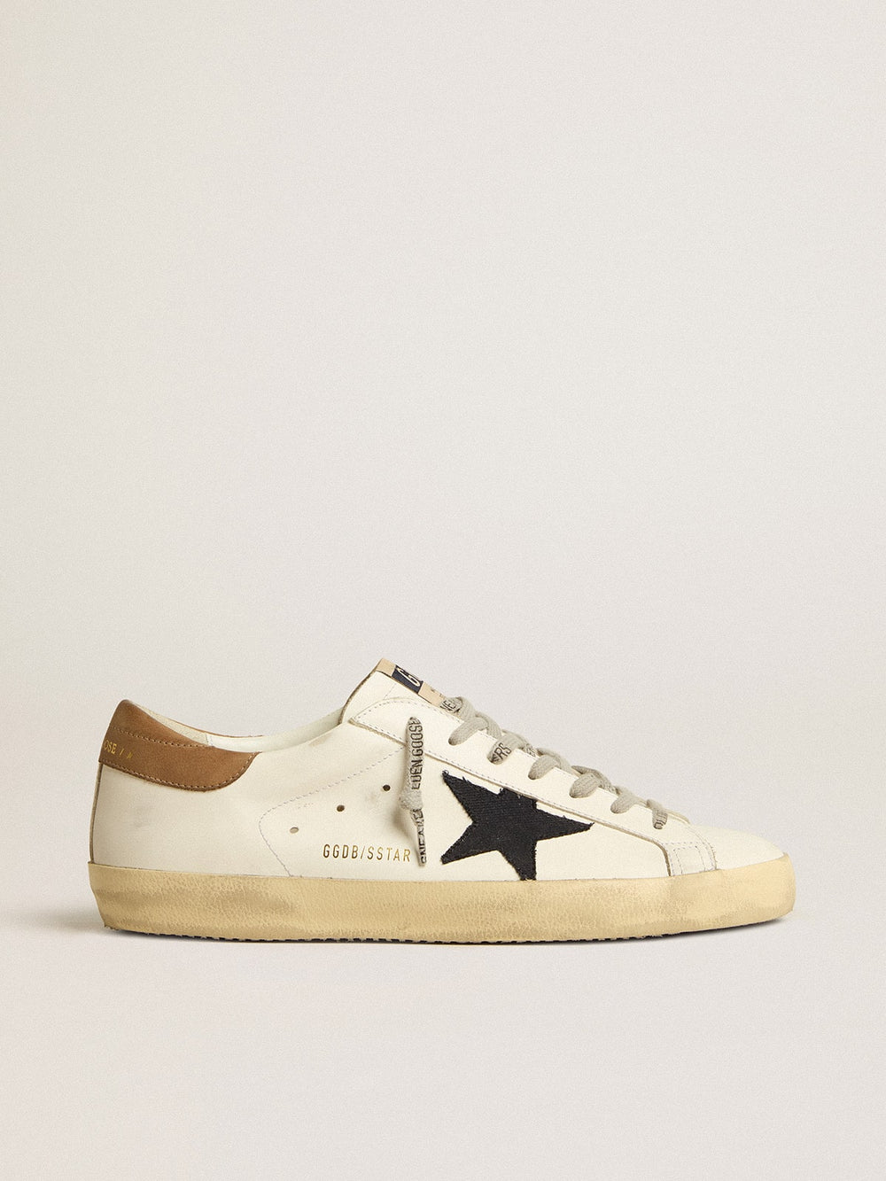Golden Goose Men's Super-Star in white leather with midnight-blue canvas star and tobacco leather heel tab