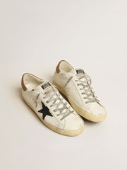 Golden Goose Men's Super-Star in white leather with midnight-blue canvas star and tobacco leather heel tab